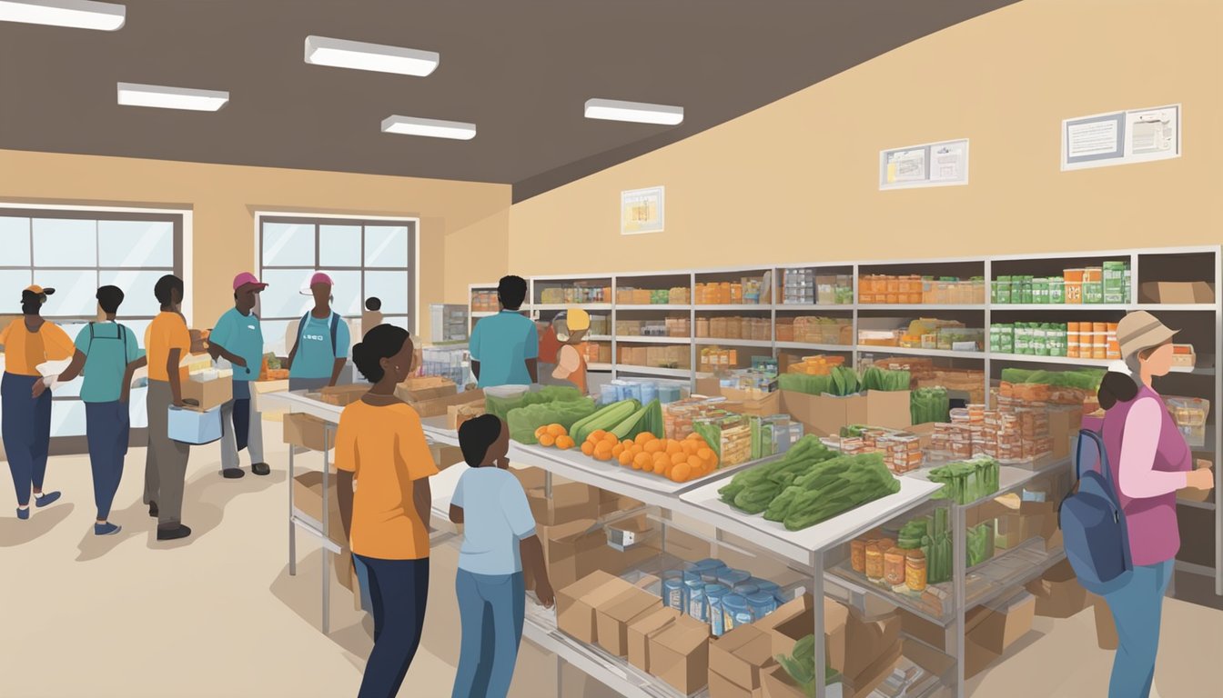 A bustling food pantry in Coleman County, Texas, with volunteers distributing free groceries to those in need