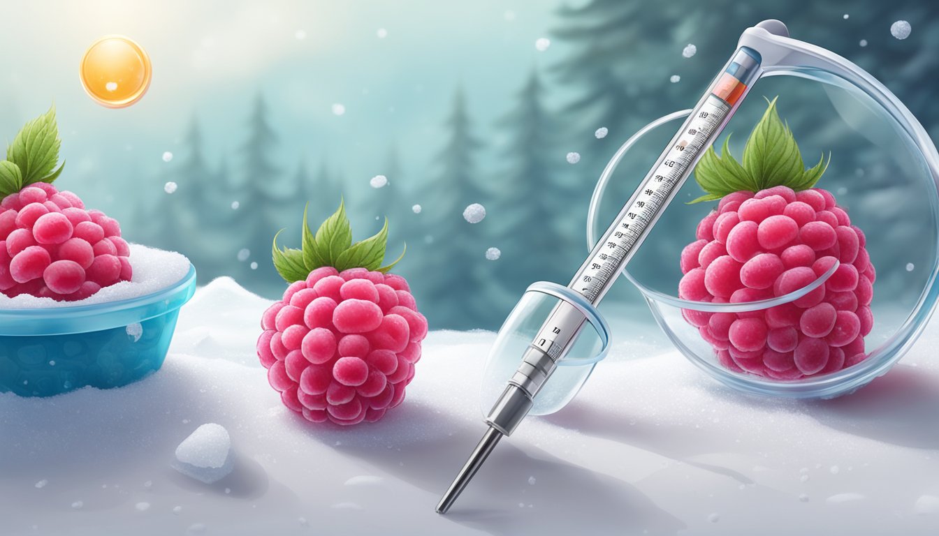 A frozen raspberry sits next to a fresh raspberry on a clean, white surface. A thermometer and safety goggles are nearby