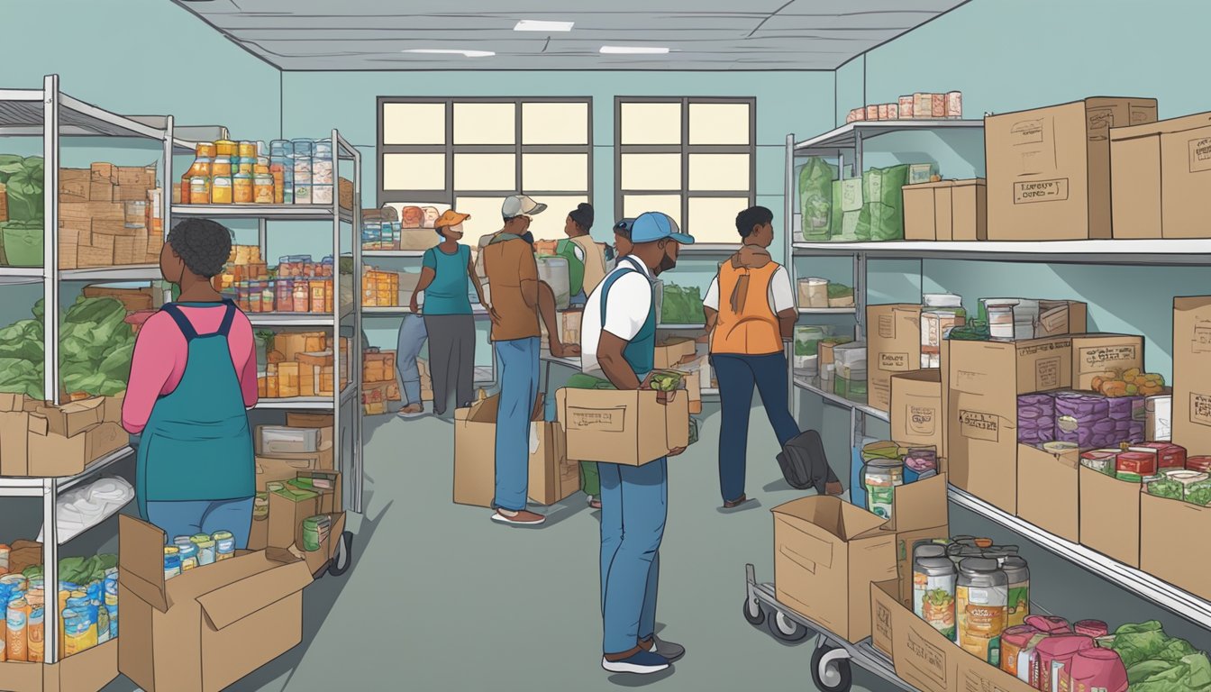 A bustling food pantry in Coleman County, Texas, with volunteers distributing free groceries to those in need