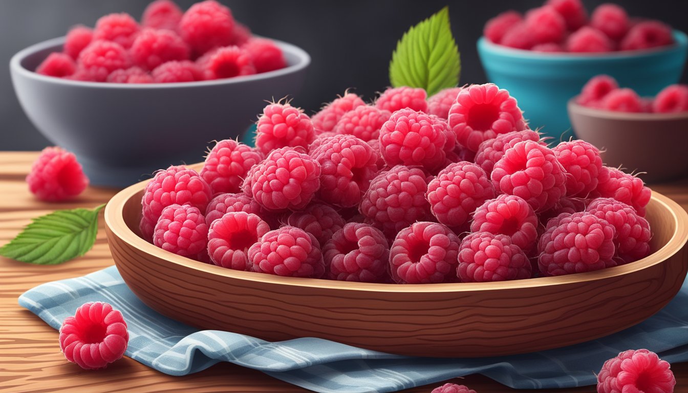 A pile of fresh raspberries on a wooden cutting board next to a bowl of frozen raspberries, showcasing the contrast in texture and taste profiles