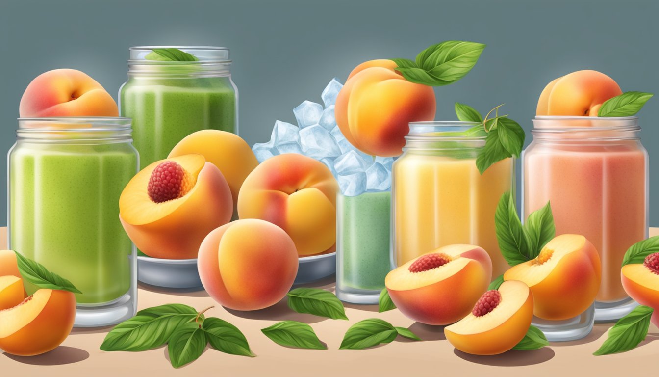 A table displays fresh and frozen peaches. A chef slices and blends them into smoothies, salads, and desserts