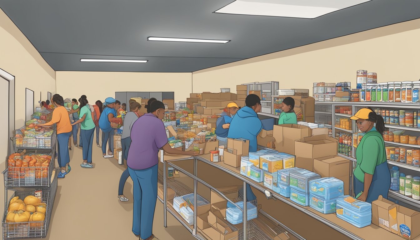 A bustling food pantry in Coleman County, Texas, with volunteers distributing groceries to those in need