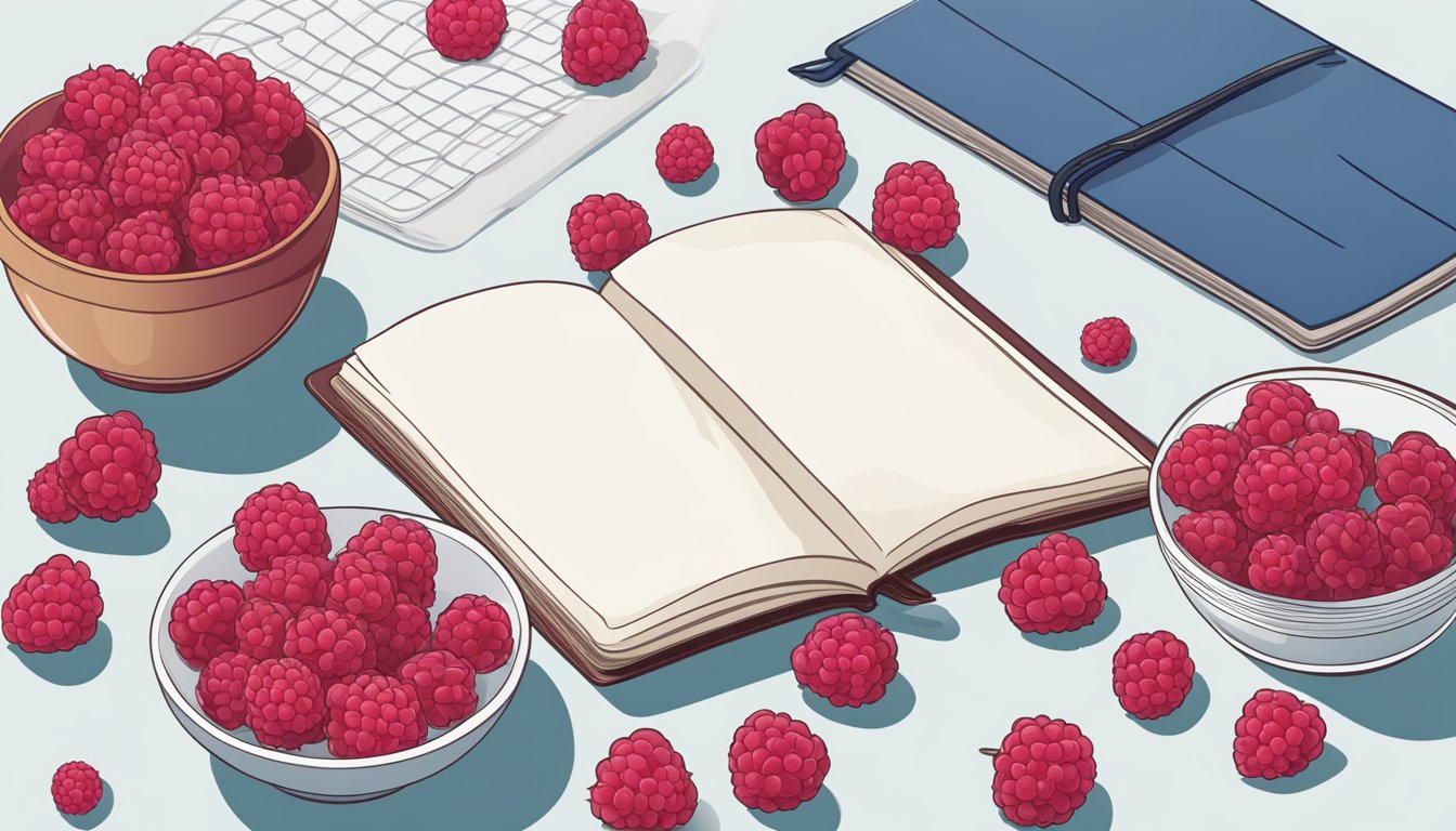 A table with two bowls of raspberries - one frozen, one fresh - surrounded by scattered berries and a notebook with nutritional data