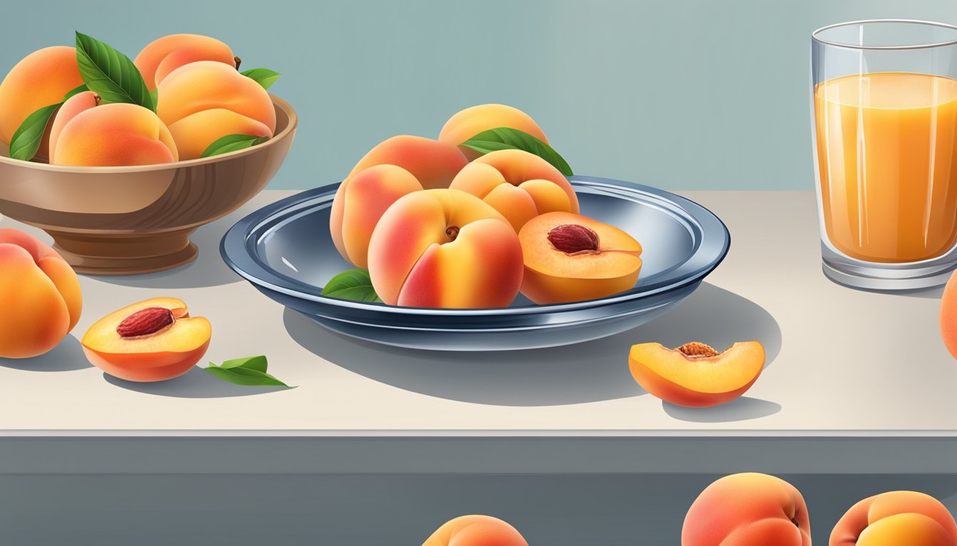 A table with fresh and frozen peaches, one cut open, juice dripping, while the other remains whole. A scale sits nearby for comparison