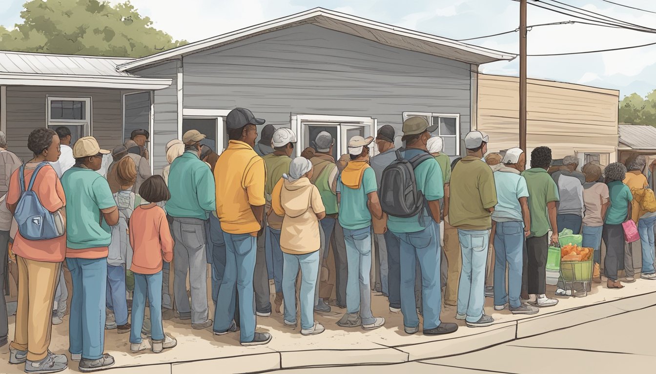 A line of people waits outside a food pantry in Coleman County, Texas, as volunteers distribute free groceries to those in need