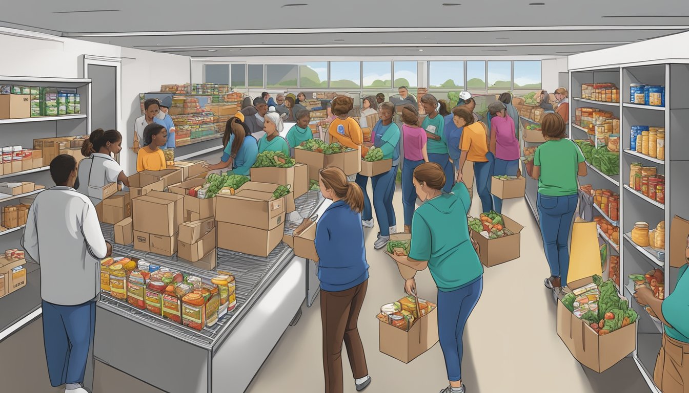 A bustling food pantry in Collin County, Texas, with volunteers handing out free groceries to those in need