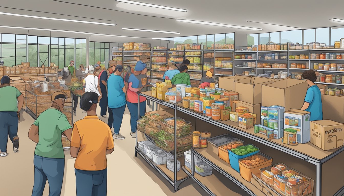 A bustling food pantry in Burleson County, Texas, with volunteers distributing free groceries to those in need