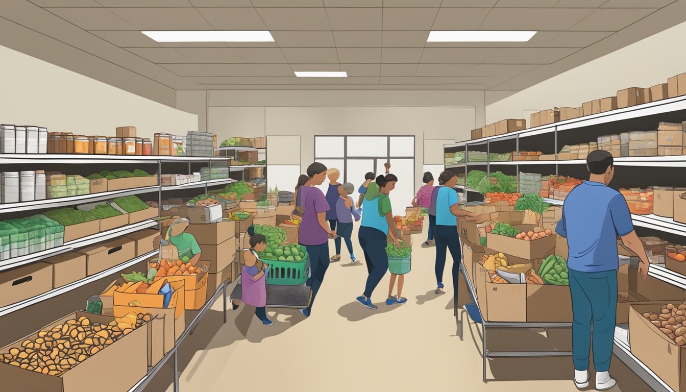 A bustling food pantry in Coleman County, Texas, with volunteers distributing free groceries to those in need