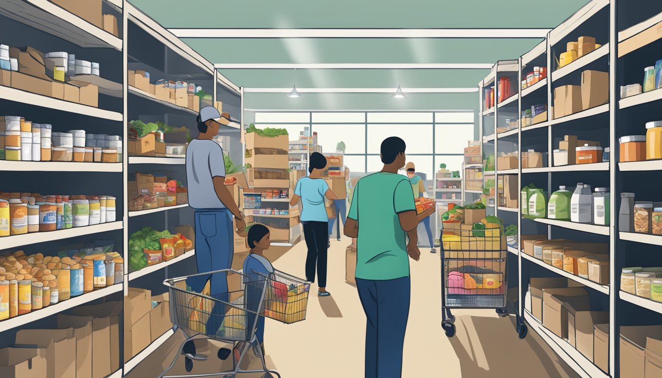 A bustling food pantry in Burleson County, Texas, with shelves stocked full of free groceries and volunteers assisting those in need