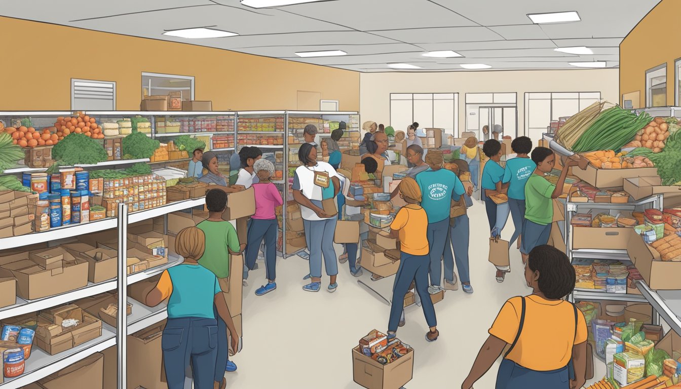 A bustling food pantry in Collin County, Texas, with volunteers distributing groceries to those in need