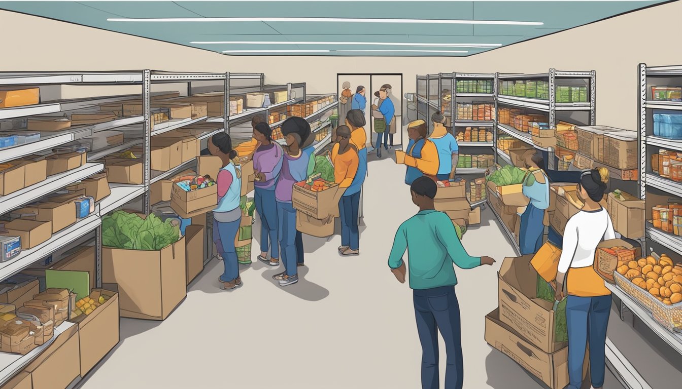 A bustling food pantry in Coleman County, Texas, with volunteers distributing free groceries to those in need