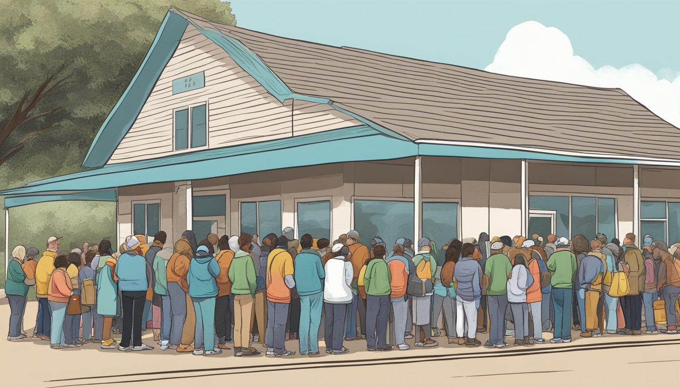 A line of people waits outside a food pantry in Burleson County, Texas, as volunteers distribute free groceries to those in need