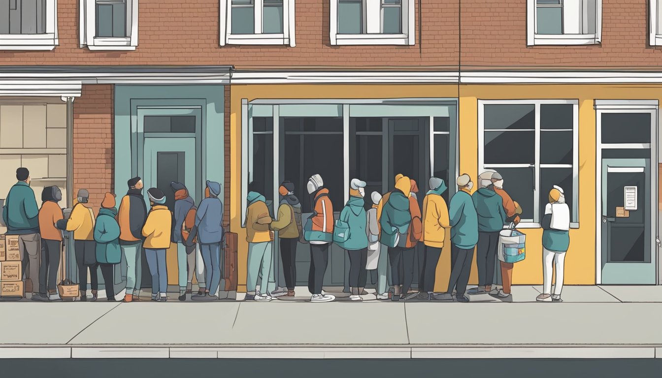 A line of people wait outside a small building with a sign reading "Food Pantry." Volunteers distribute bags of groceries to those in need