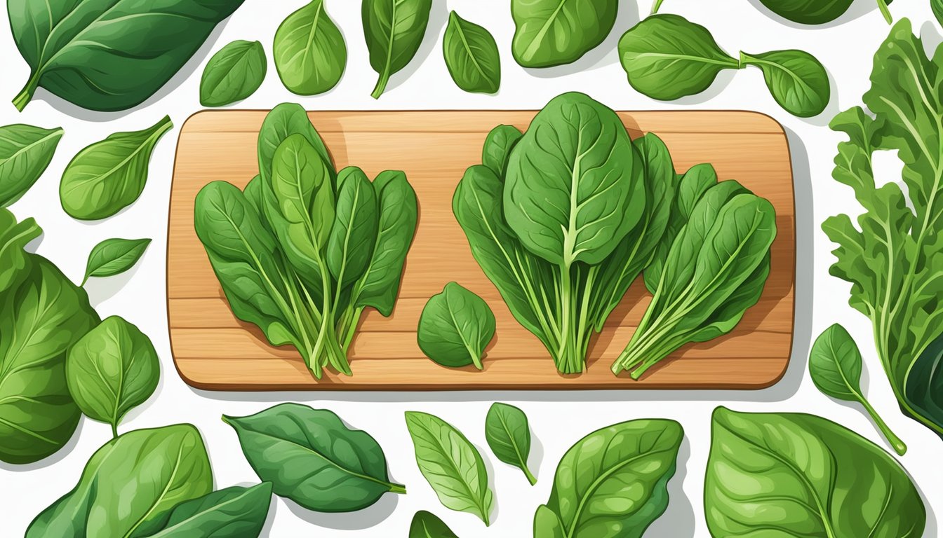 A colorful array of fresh and frozen spinach leaves, alongside various types of leafy greens, arranged on a wooden cutting board