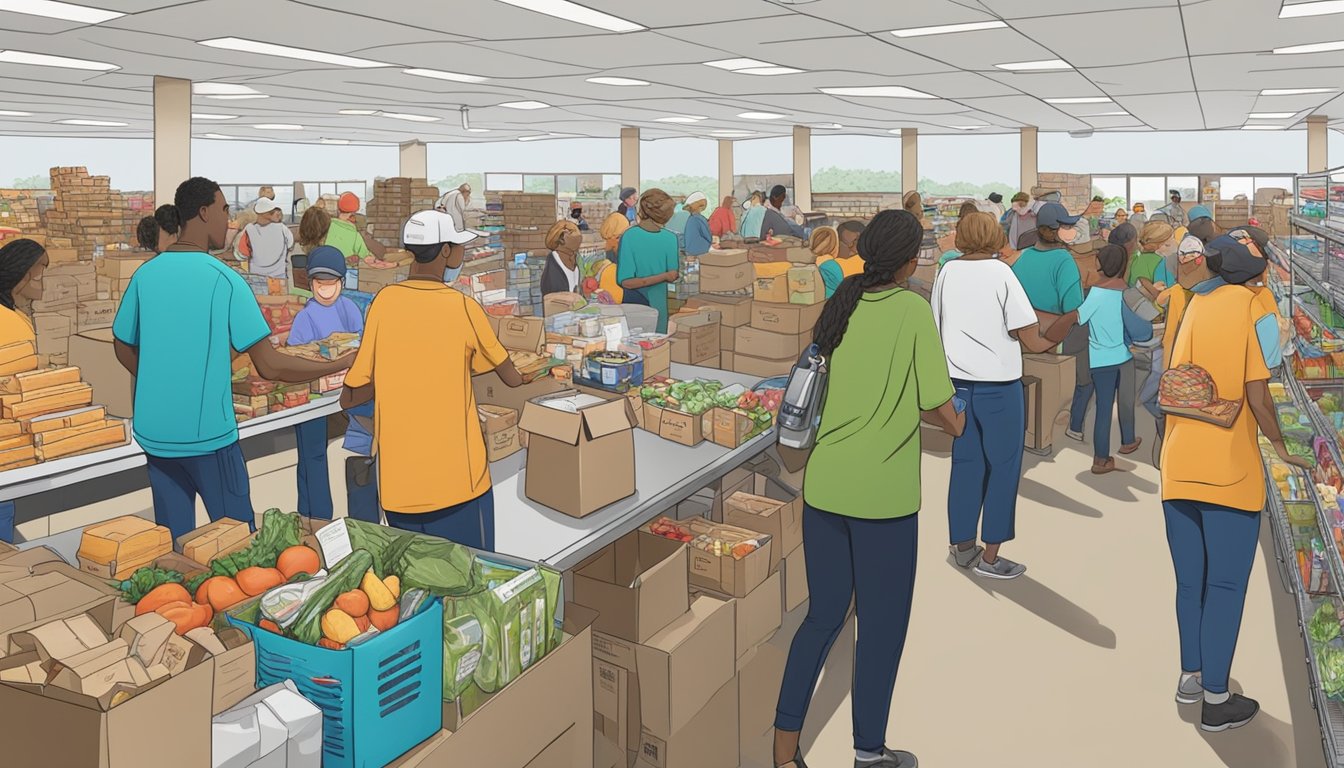 A bustling food pantry in Burleson County, Texas, with volunteers distributing free groceries to those in need