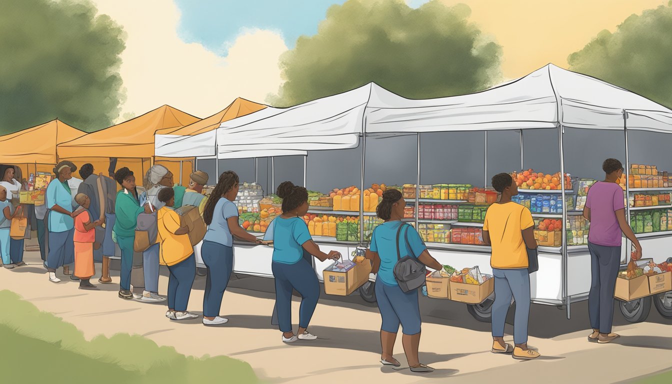 People receiving free groceries at a mobile pantry in Coleman County, Texas