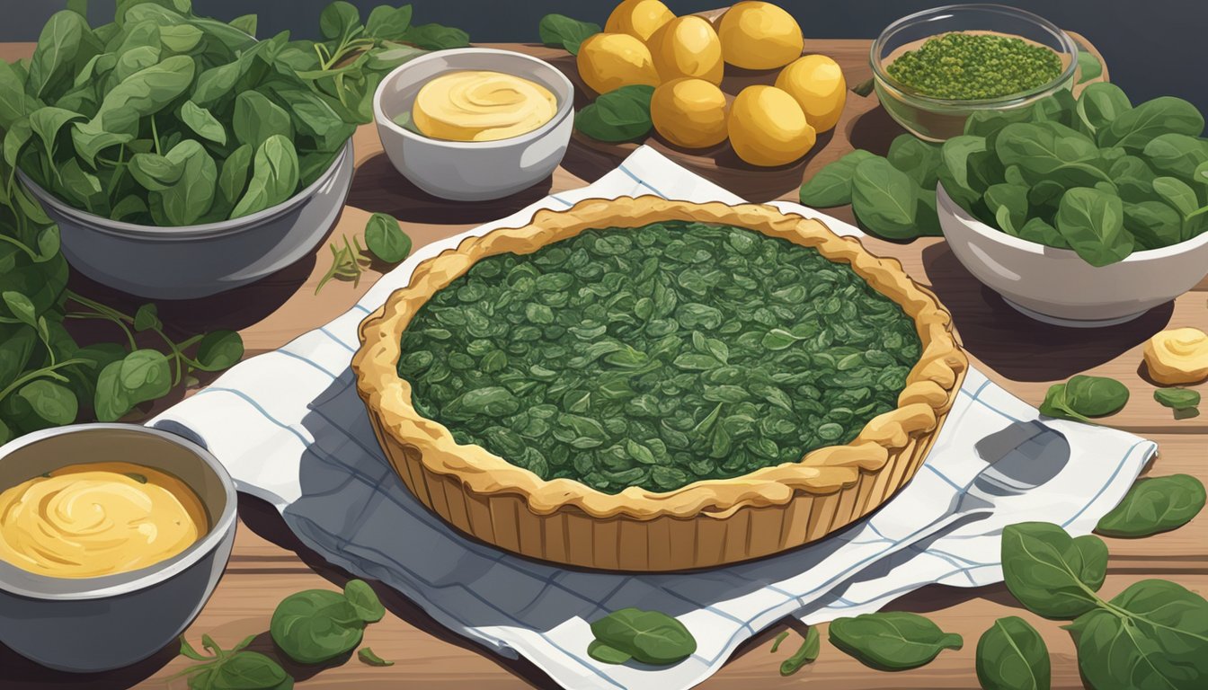 A table with fresh and frozen spinach, a quiche in the background, and various greens scattered around for comparison