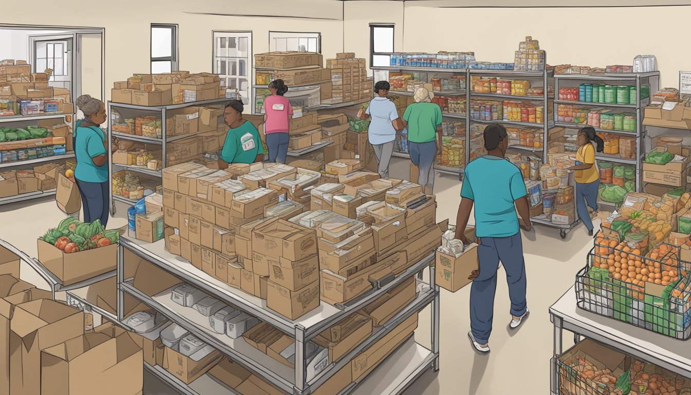 A bustling food pantry in Coleman County, Texas, where volunteers work together to distribute free groceries to those in need