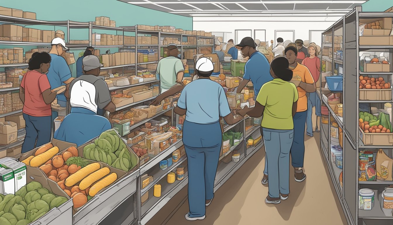 A bustling food pantry in Burleson County, Texas, with volunteers handing out free groceries to those in need