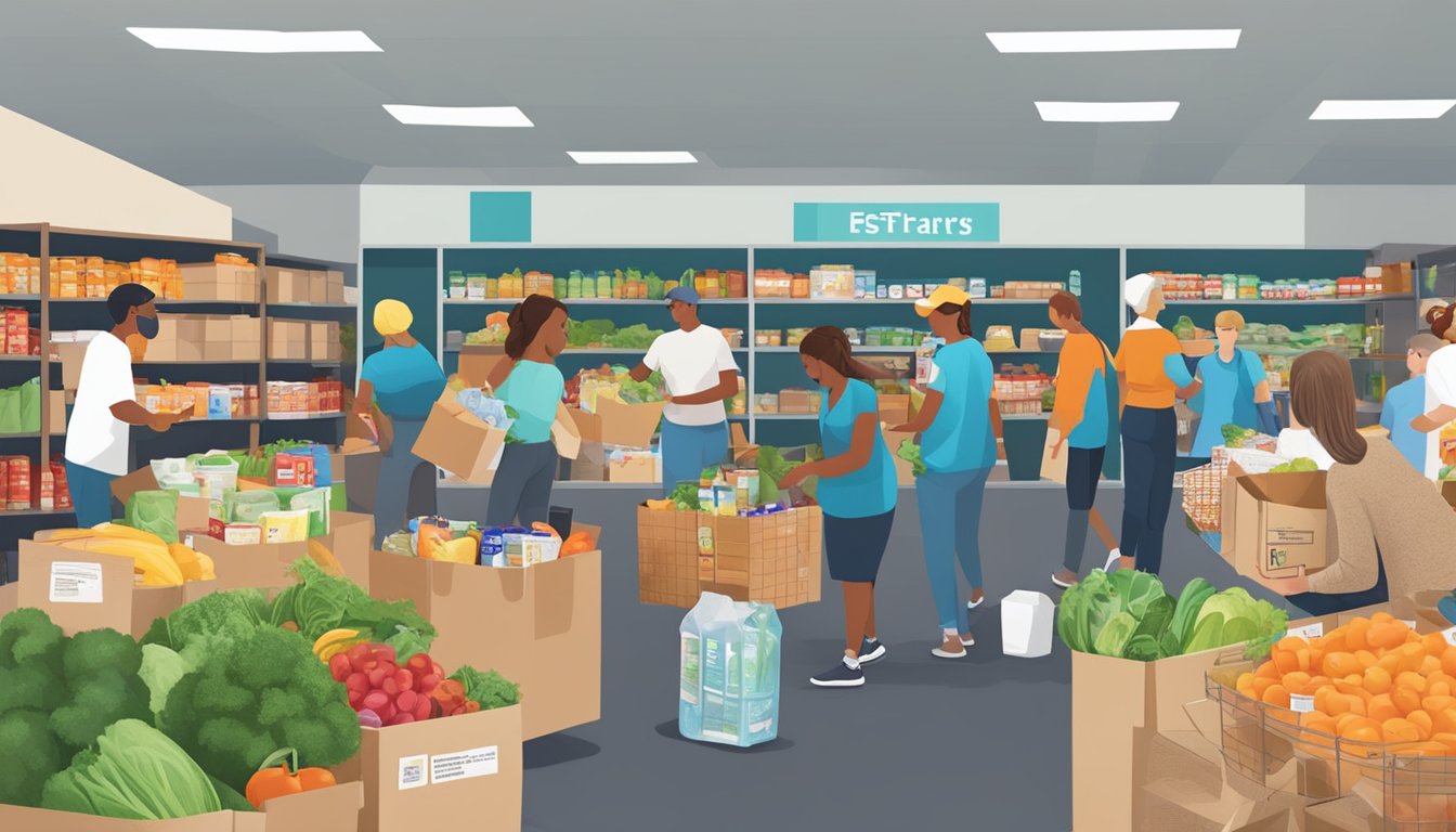 A bustling food pantry in Collin County, Texas, with volunteers distributing free groceries to those in need