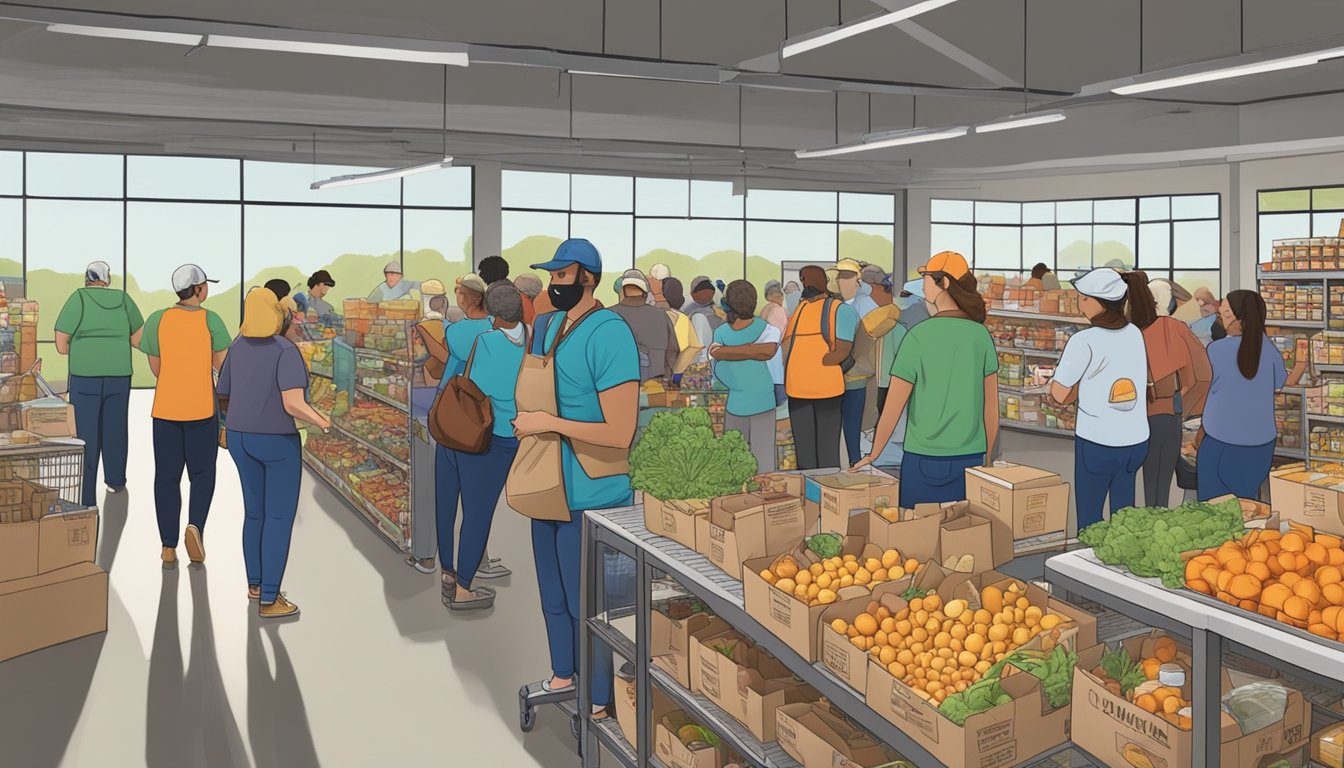 A bustling food pantry in Coleman County, Texas, with volunteers distributing free groceries to those in need. The scene is filled with hope and support for sustainable food access