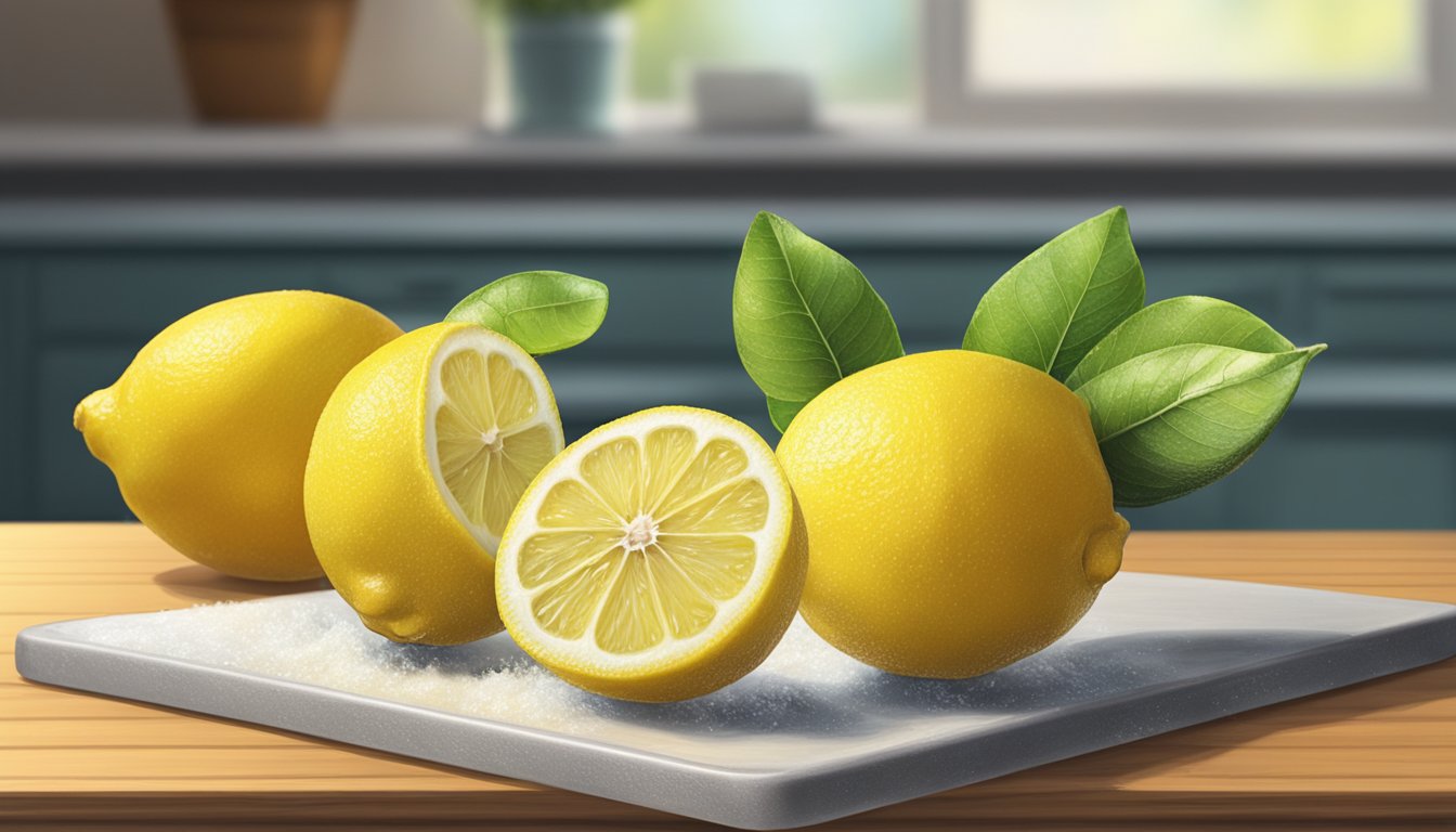 A frozen lemon sits next to a fresh lemon on a wooden cutting board, showcasing the impact of freezing on citrus quality