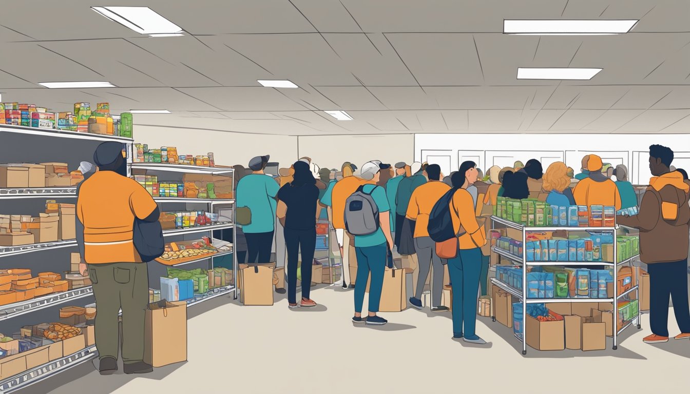 A bustling food pantry in Collin County, Texas, with volunteers distributing free groceries to those in need. Shelves are stocked with a variety of food items, and people are lined up outside waiting for assistance