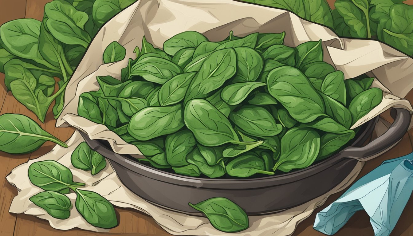 A vibrant pile of fresh spinach leaves contrasts with a bag of frozen spinach, both surrounded by various greens and herbs, ready to be incorporated into a quiche