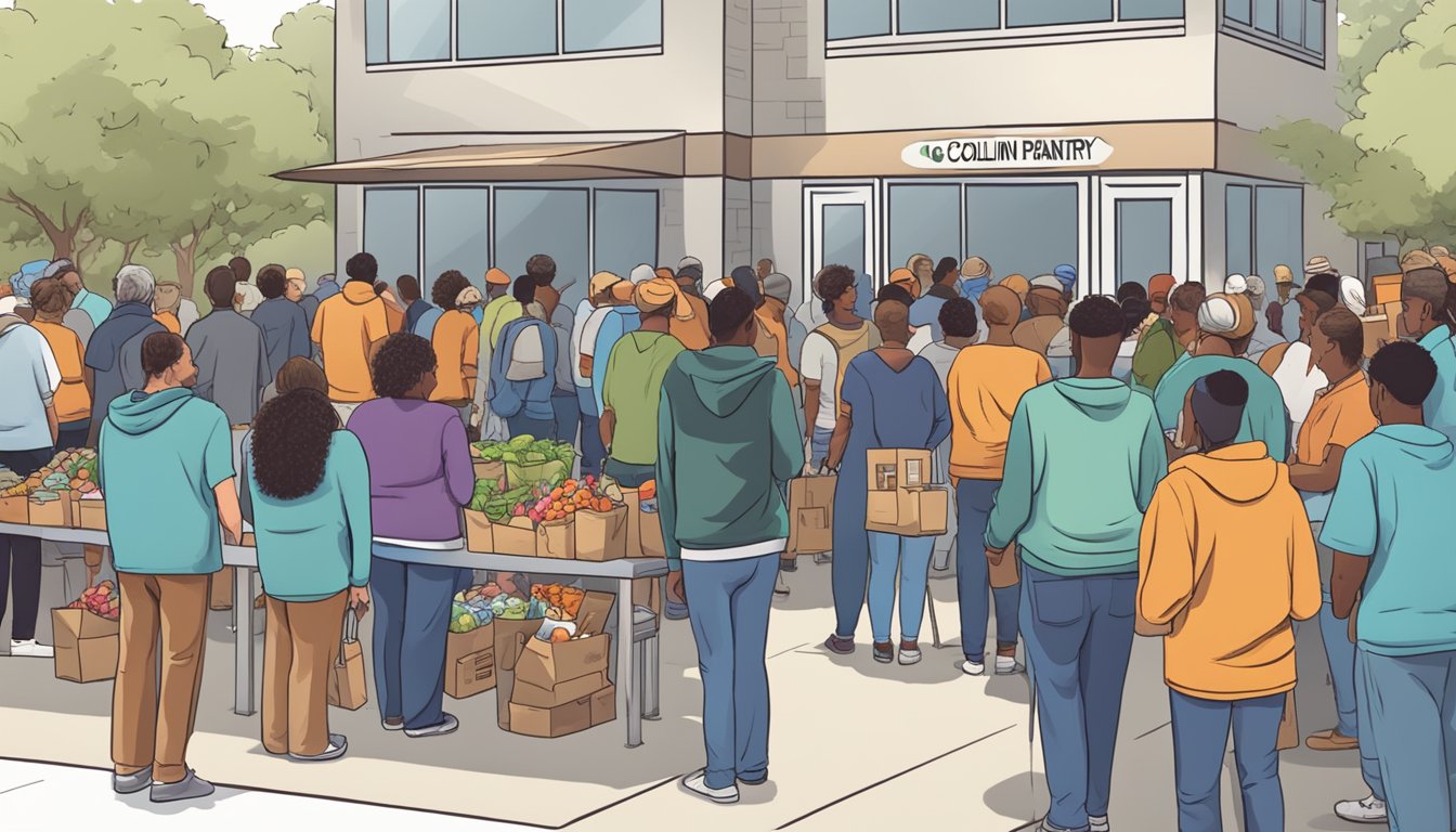 A line of people waiting outside a food pantry, surrounded by volunteers handing out free groceries in Collin County, Texas