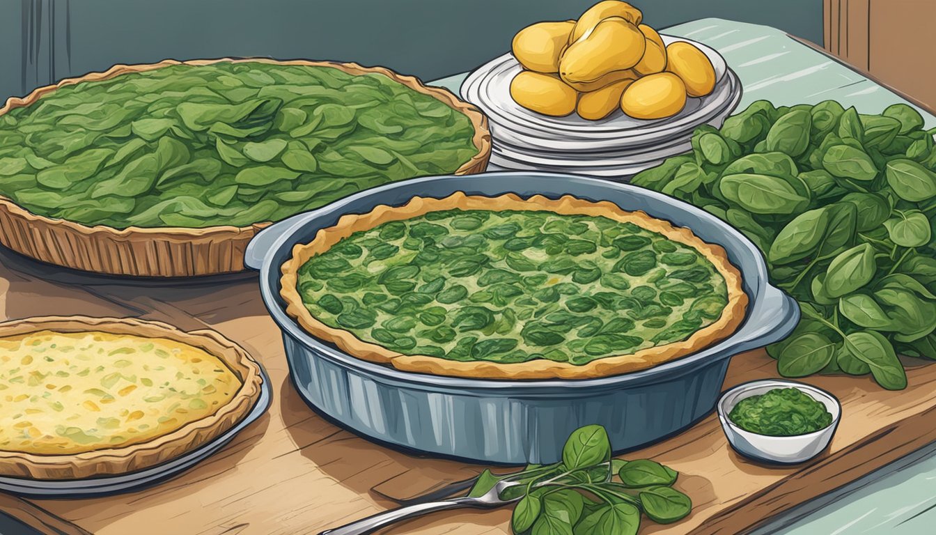 A table with fresh and frozen spinach, a quiche, and various greens, highlighting the contrast between the two types of spinach for the pie