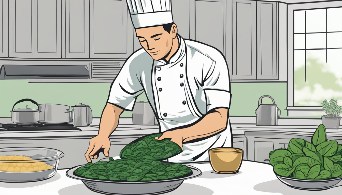 A chef carefully selects fresh spinach leaves, while a bag of frozen spinach sits nearby. A quiche dish and pie crust are also present, ready for the greens to be added