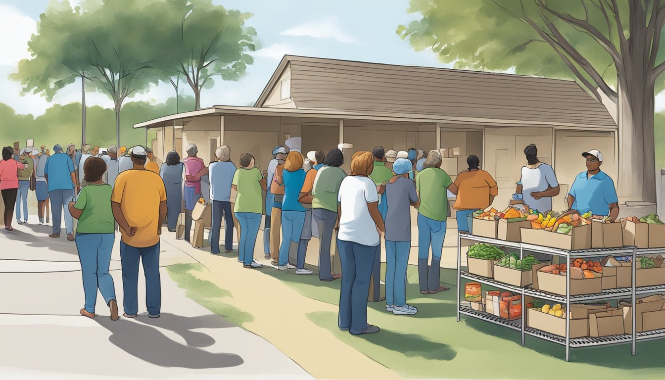 A line of people wait outside a food pantry, holding empty bags and baskets, while volunteers hand out groceries in Comal County, Texas