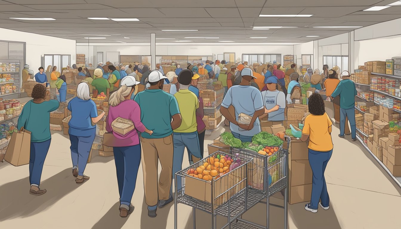 A bustling food pantry in Burleson County, Texas, with volunteers distributing free groceries to those in need, surrounded by a sense of community involvement and support