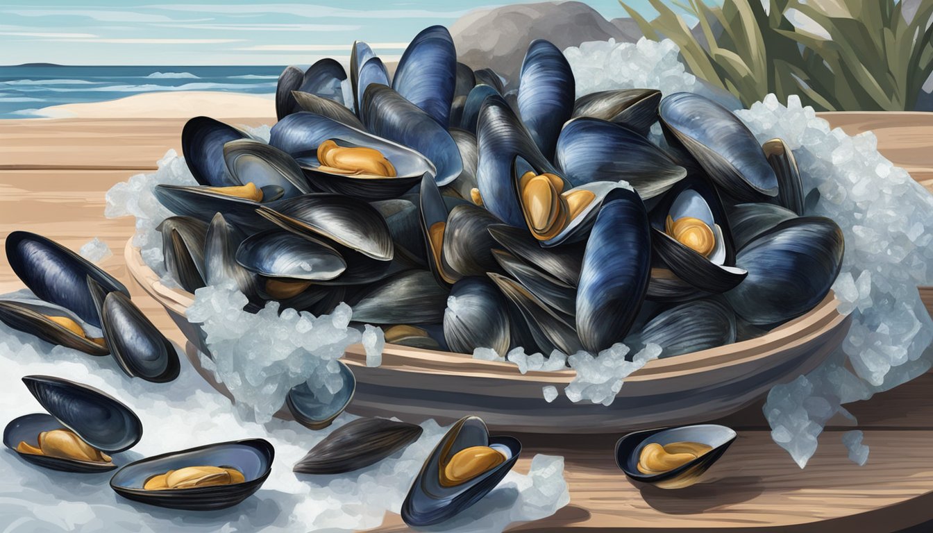 A pile of fresh mussels sits on a bed of ice, while a stack of frozen mussels is displayed in a transparent bag. The background suggests a coastal setting with hints of seaweed and ocean waves