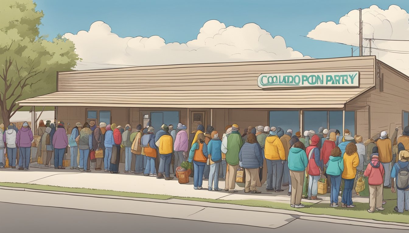 A line of people wait outside a food pantry in Colorado County, Texas. Volunteers hand out free groceries to those in need