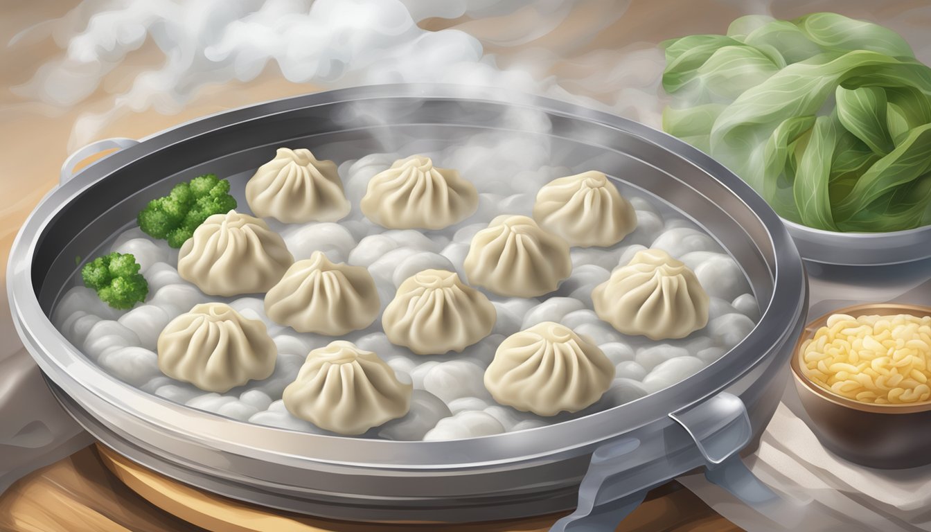 A steaming plate of fresh dumplings next to a bag of frozen dumplings, both surrounded by a cloud of steam