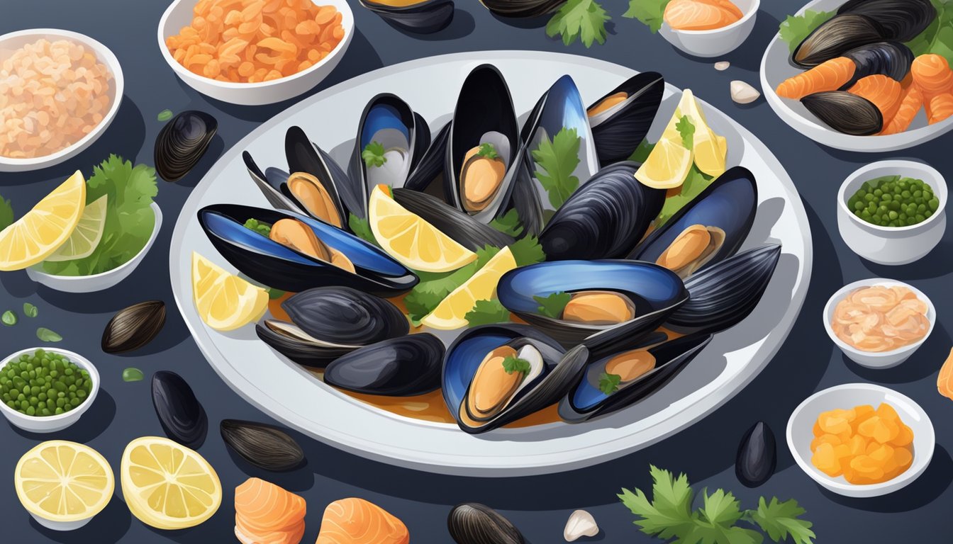 A plate split in half with fresh mussels on one side and frozen mussels on the other, surrounded by various seafood ingredients