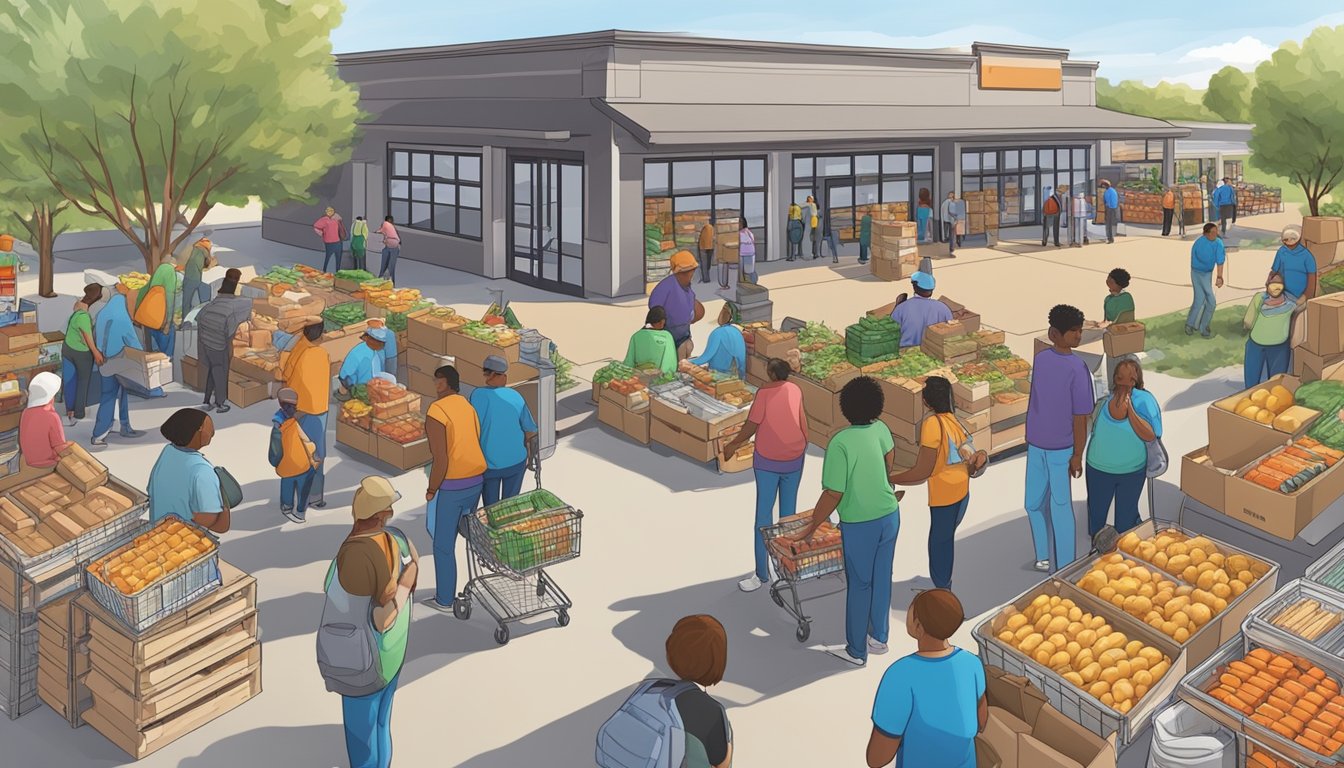 A bustling food bank in Colorado County, Texas, with volunteers distributing free groceries to those in need