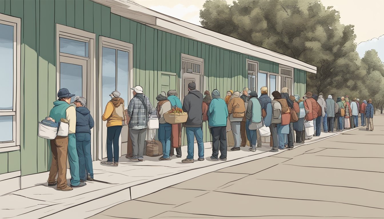 A line of people wait outside a food pantry, where volunteers distribute groceries and supplies in Colorado County, Texas