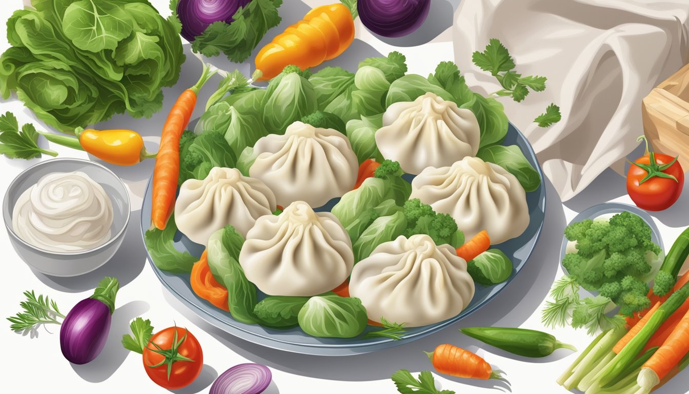 A steaming plate of fresh dumplings next to a bag of frozen ones, surrounded by vibrant vegetables and herbs