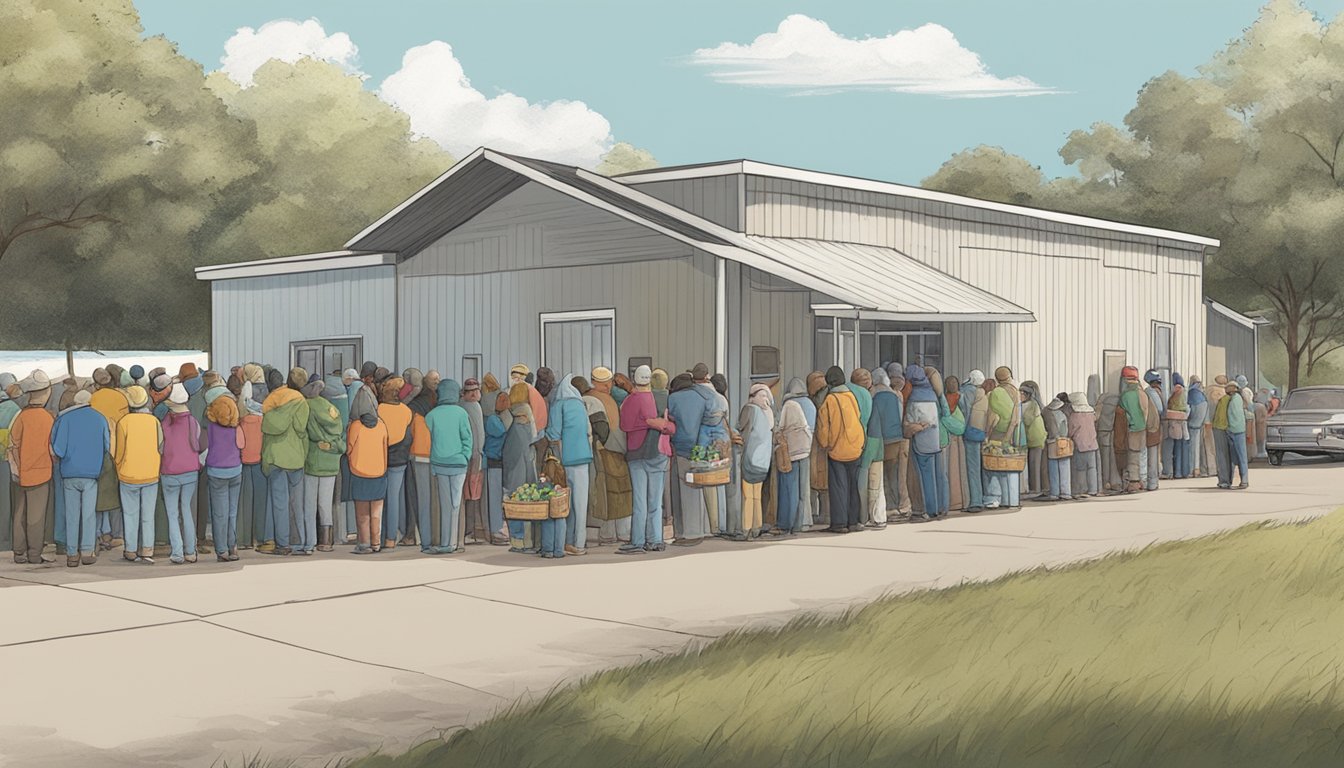 A line of people waits outside a food pantry in Calhoun County, Texas, as volunteers distribute free groceries to those in need