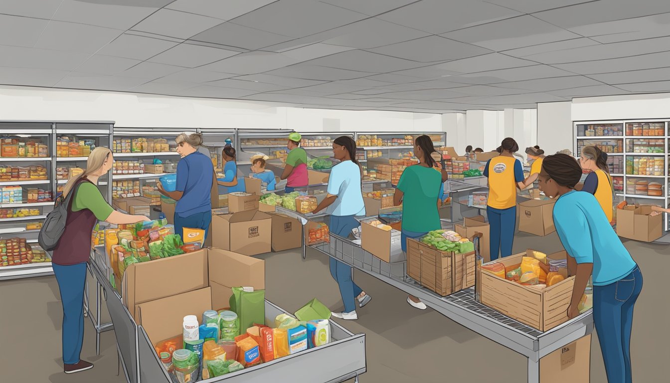 A bustling food pantry in Colorado County, Texas, with volunteers distributing free groceries to those in need