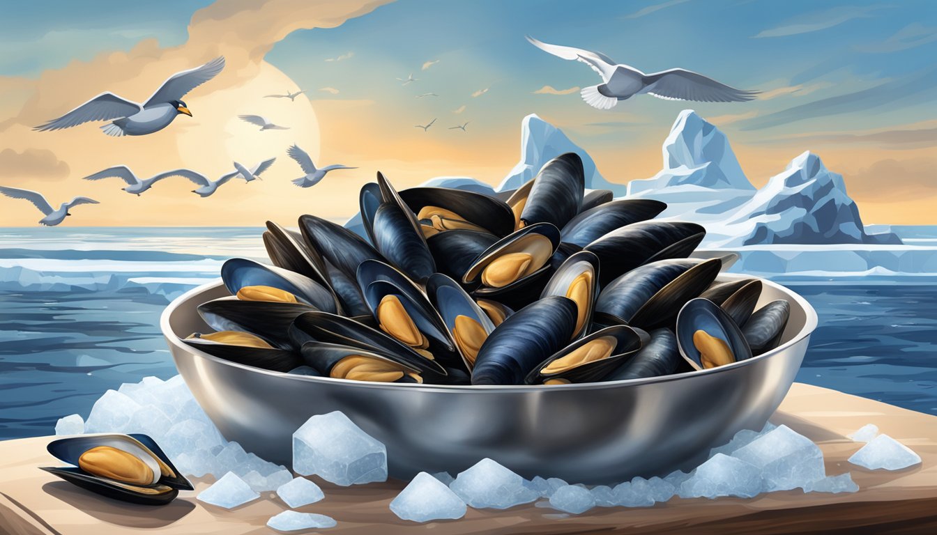 A pile of fresh mussels sits on a bed of ice next to a stack of frozen mussels in their packaging. The backdrop is a serene ocean setting with seagulls flying overhead