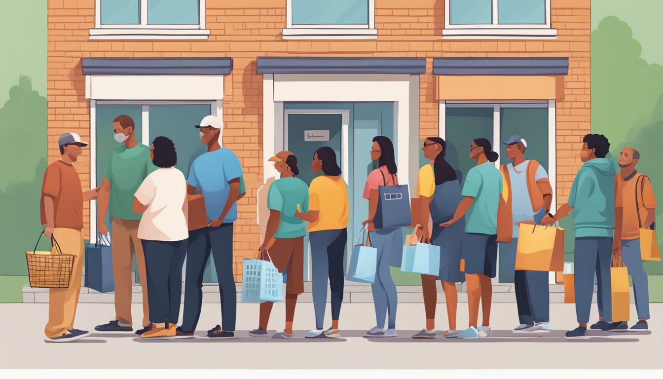 A line of people waiting outside a food pantry, with volunteers handing out bags of groceries