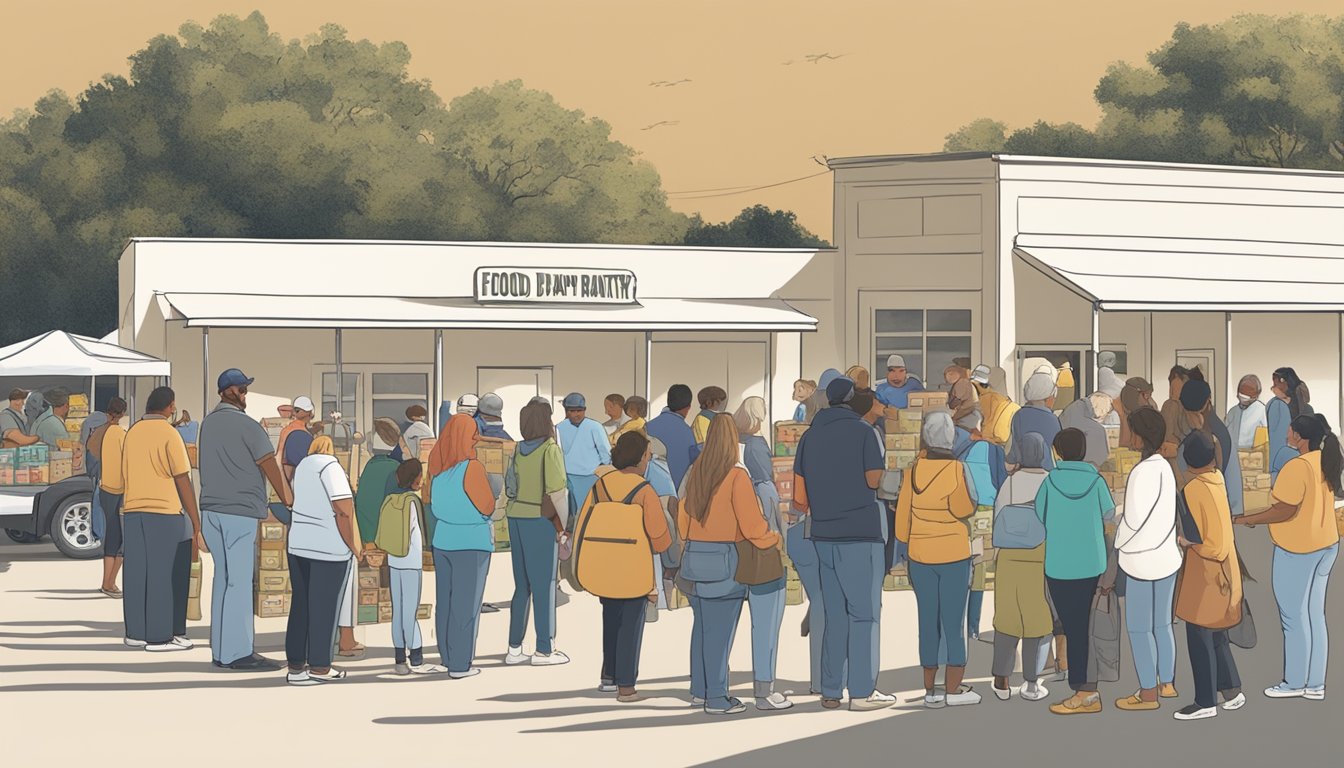 A line of people waiting outside a food pantry in Comal County, Texas, with volunteers distributing free groceries and supplies