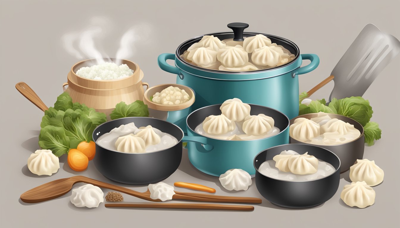 A steaming pot of fresh and frozen dumplings side by side, surrounded by various cooking utensils and ingredients