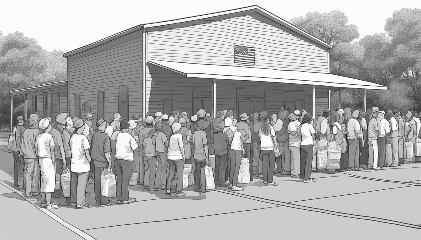 A line of people wait outside a food pantry in Calhoun County, Texas. Volunteers distribute free groceries to those in need