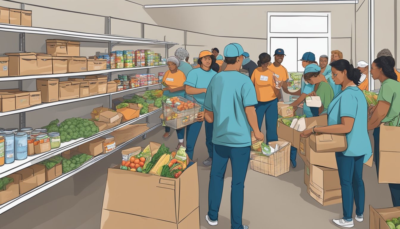 A bustling food pantry in Colorado County, Texas, with volunteers distributing free groceries to those in need