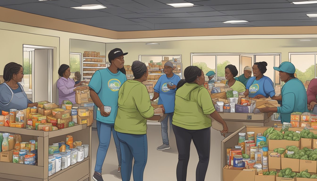 A bustling food pantry in Calhoun County, Texas, with volunteers distributing free groceries to those in need