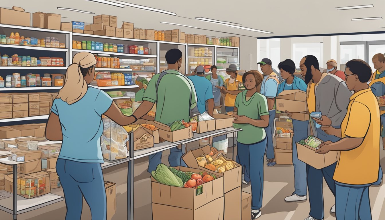 A bustling food pantry in Colorado County, Texas, with volunteers distributing free groceries to those in need